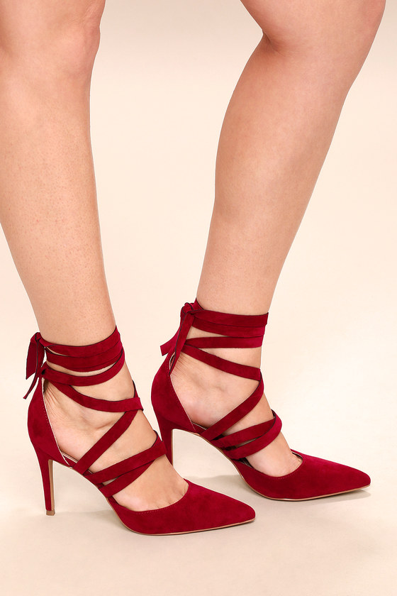 Chic Burgundy Heels - Vegan Suede Heels - Lace-Up Heels