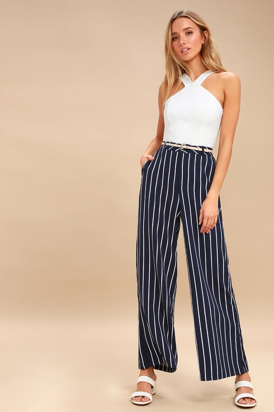PPLA Pants - Wide-Leg Pants - Navy Blue Striped Pants