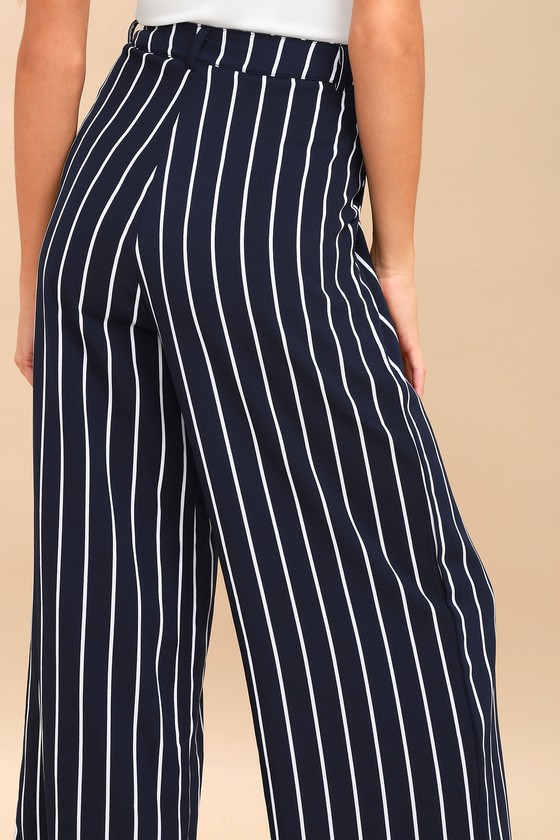 PPLA Pants - Wide-Leg Pants - Navy Blue Striped Pants