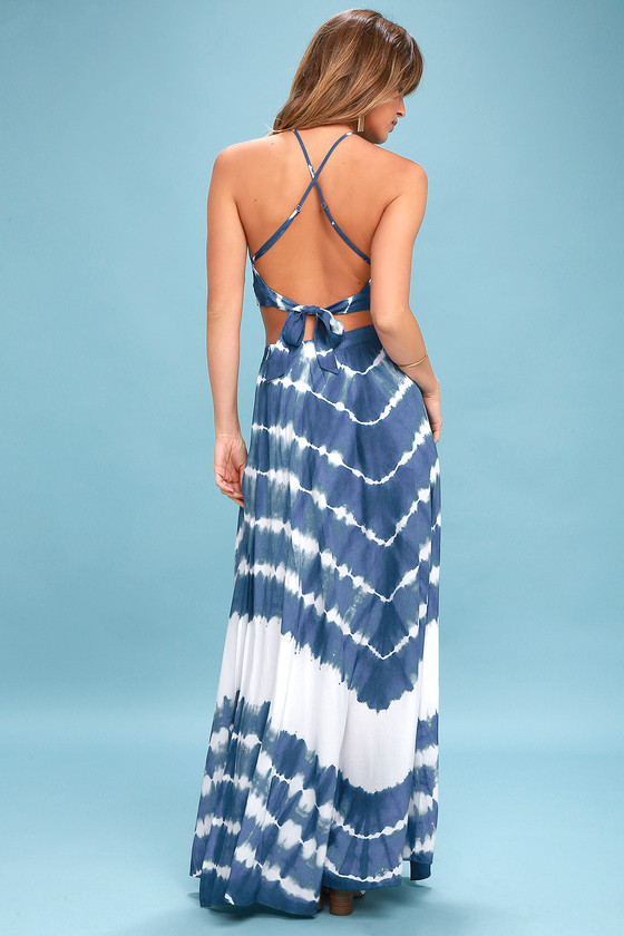 Boho Blue and White Tie-Dye Dress - Two-Piece Maxi Dress