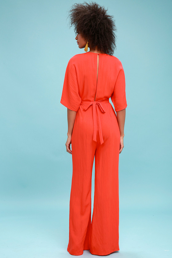 red wide leg jumpsuit