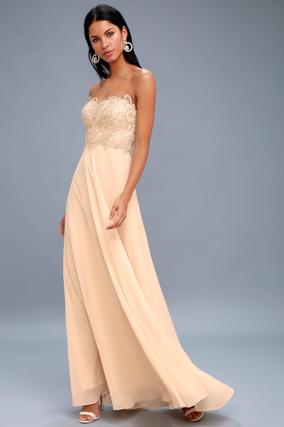 Elegant Champagne Dress Strapless Rhinestone Maxi Dress