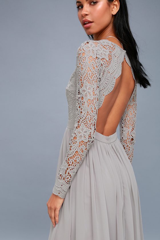 Lovely Light Grey Dress - Lace Long Sleeve Maxi Dress