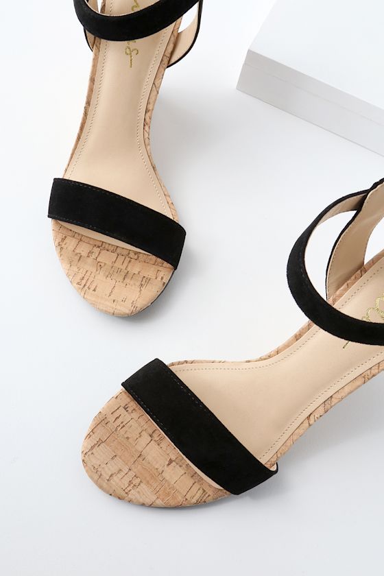 Cute Black Wedge Sandals - Vegan Suede Wedges - Cork Wedges