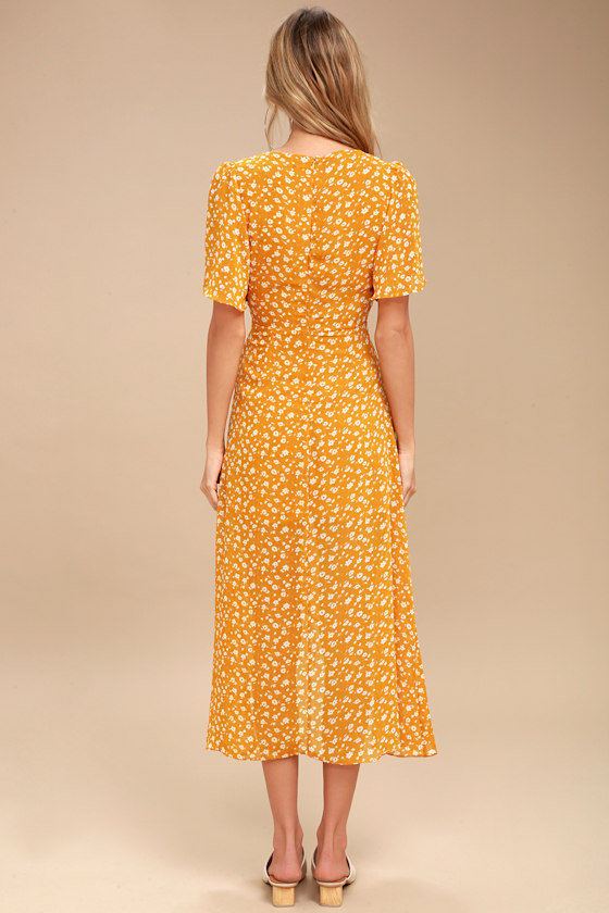 Cute Yellow Floral Print Dress - Midi Dress - High-Low Dress