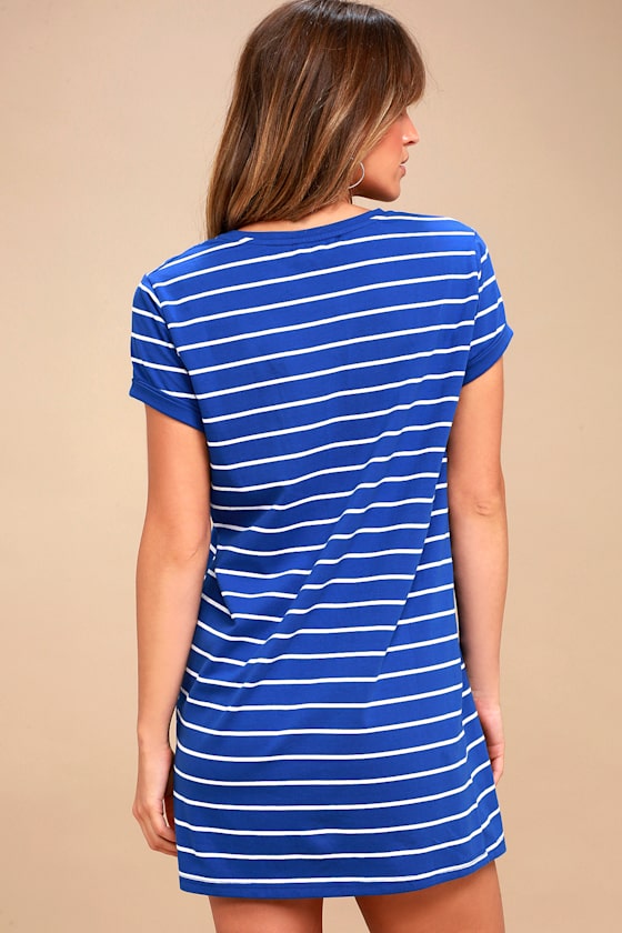 Chic Royal Blue Striped Dress - Shirt Dress - Shift Dress