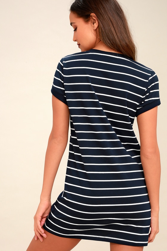 Chic Navy Blue Striped Dress - T-Shirt Dress - Shift Dress