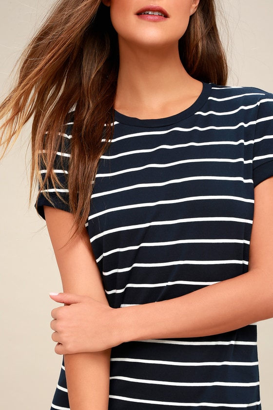 Chic Navy Blue Striped Dress - T-Shirt Dress - Shift Dress