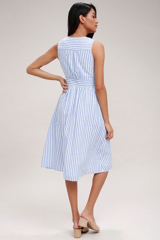 Cute Blue and White Striped Dress - Button-Front Midi Dress