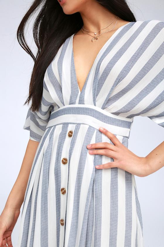 Cute Blue and White Dress - Midi Dress - Striped Dress
