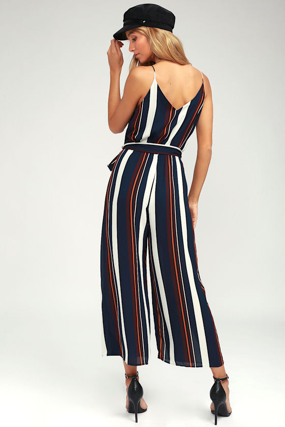 Chic Navy Blue and Orange Striped Jumpsuit -Culotte Jumpsuit