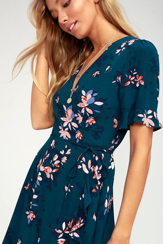 Lovely Teal Blue Dress Floral Print Dress Wrap Dress