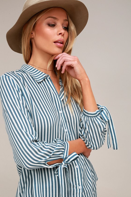 blue and white striped button up