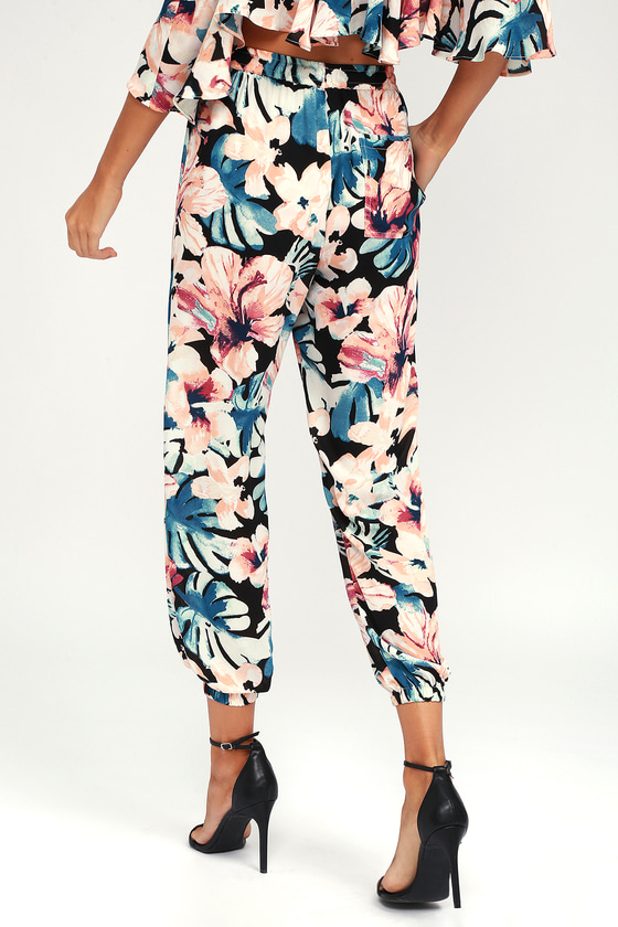 Cute Black Tropical Print Pants - Black Jogger Pants