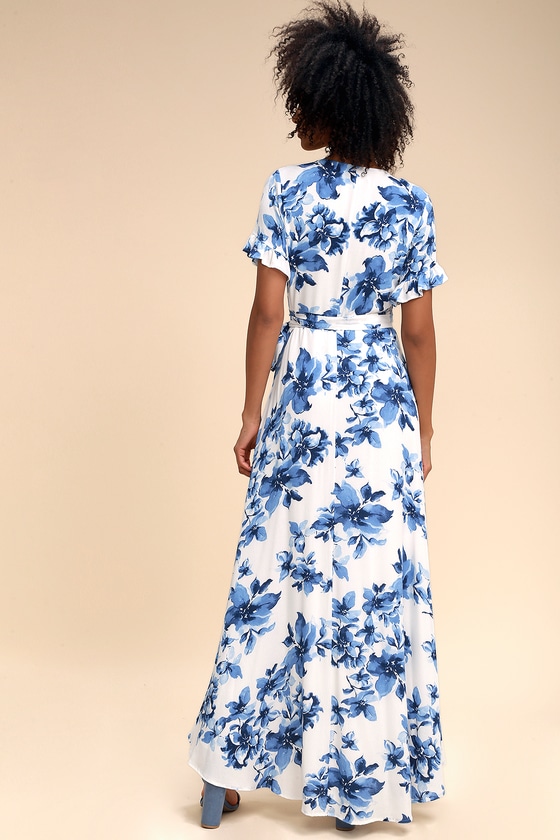 Pretty Blue and White Floral Print Dress - Wrap Maxi Dress