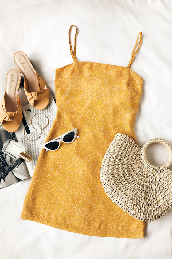 Chic Mini Dress Mustard Yellow Dress Polka Dot Dress