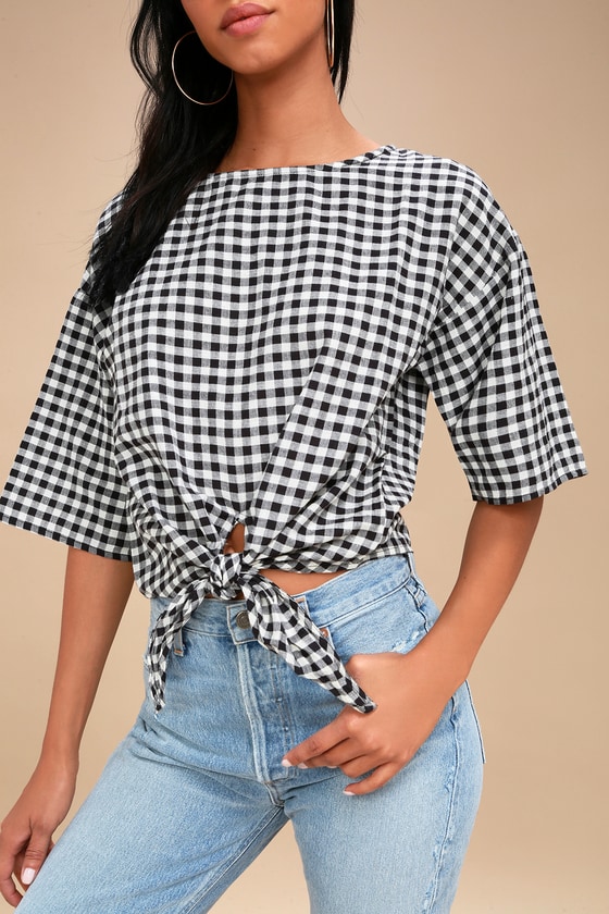 O'Neill Sanara - Black and White Gingham Top - Tie-Front Top