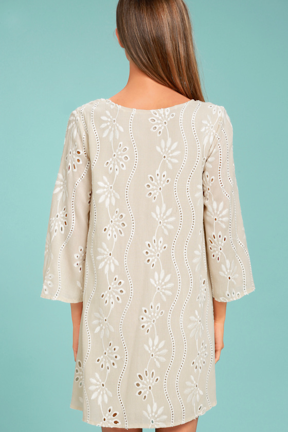 Cute Beige Dress Embroidered Dress Shift Dress Long Sleeve Dress