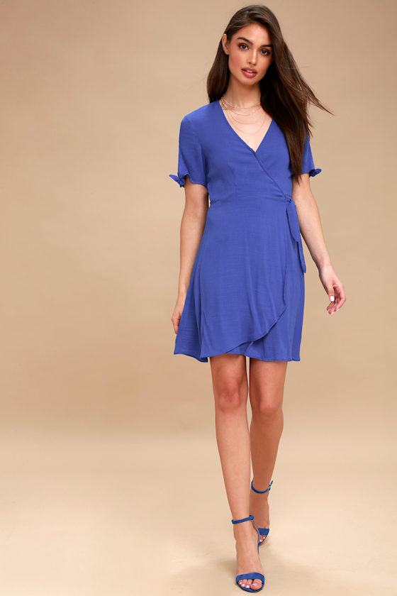 Cute Royal Blue Dress Wrap Dress Short Sleeve Dress
