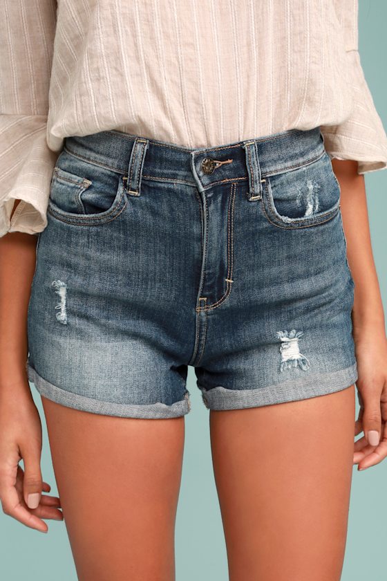 Cute Medium Wash Shorts Distressed Shorts Cuffed Shorts