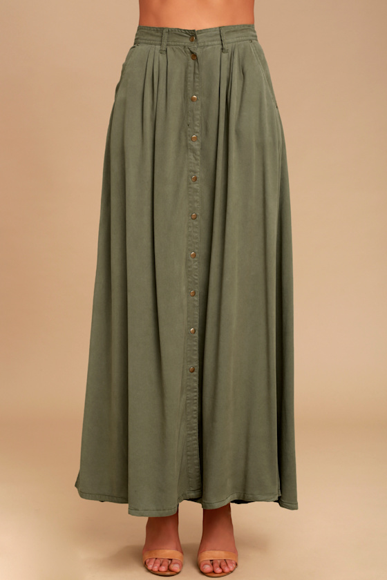 Cute Olive Green Skirt Maxi Skirt ButtonUp Skirt