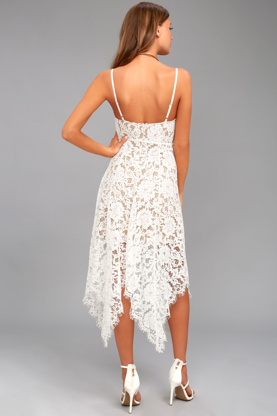 Lovely White Lace Dress -Midi Dress - Handkerchief Hem Dress