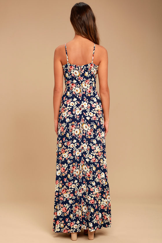 Navy Blue Floral Print Dress - Floral Maxi Dress - Sundress