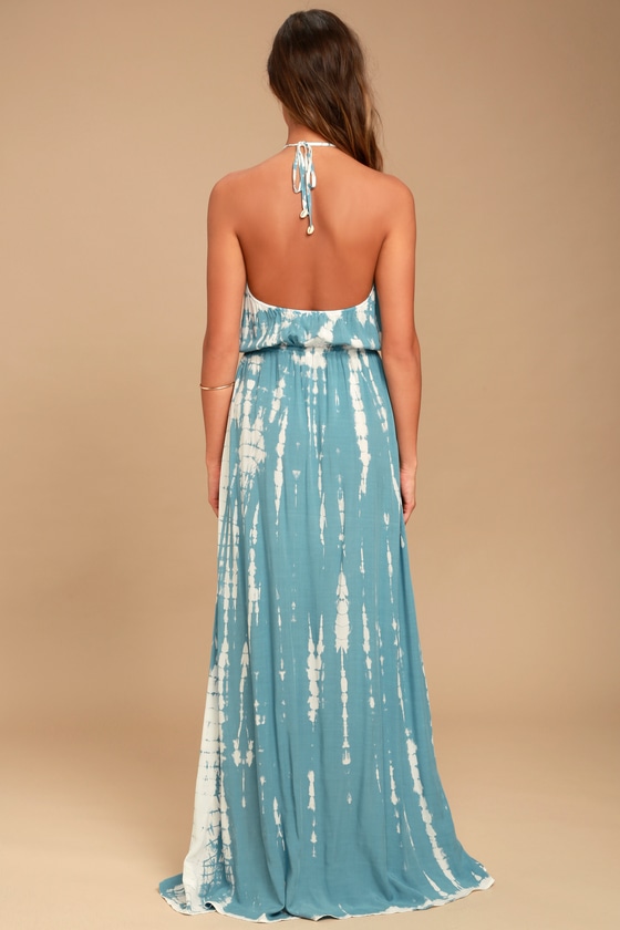 Blue and White Dress - Tie-Dye Maxi Dress - Halter Dress