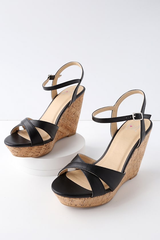 Cute Black Sandals - Wedge Sandals - Cork Sandals