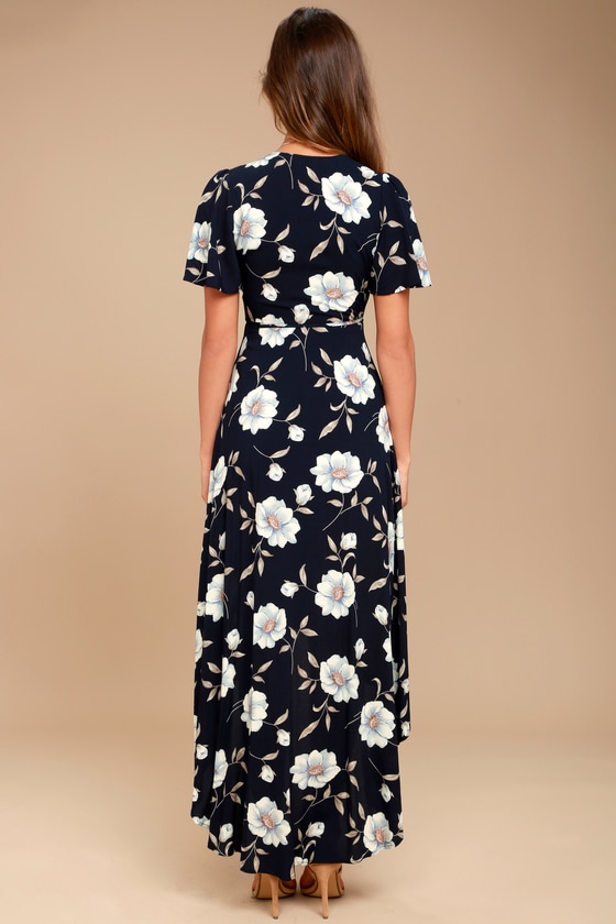 Navy Blue Floral Print Dress - Wrap Dress - High-Low Dress
