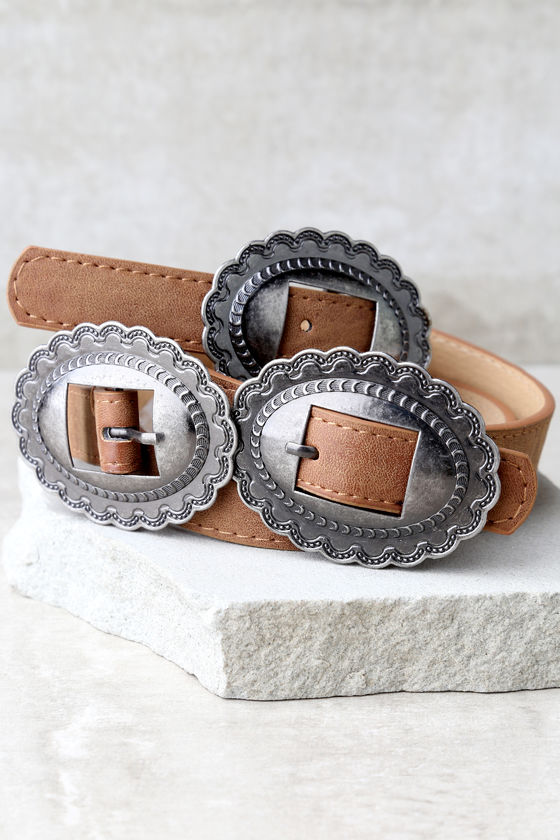 Silver Buckle Vintage Belt, Tan