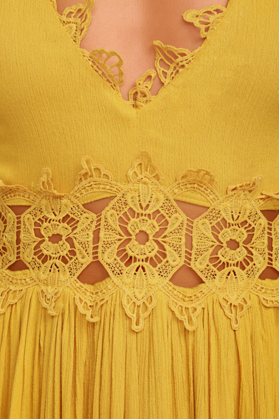 Mustard Yellow Maxi Dress Lace Maxi Dress Plunge Neck