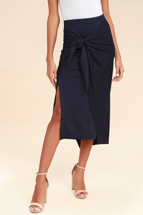 Cute Navy Blue Skirt - Midi Skirt - Tie-Front Skirt