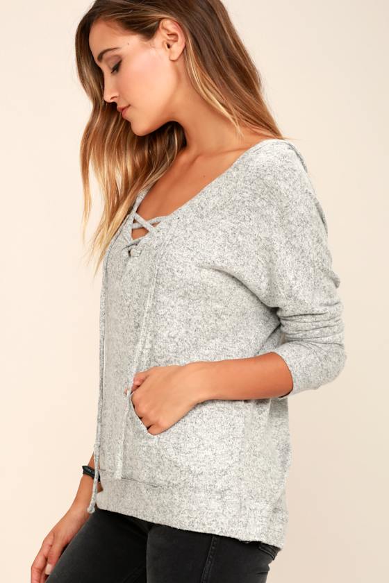 Cozy Heather Grey Hoodie - Lace-Up Hoodie - Hooded Sweater