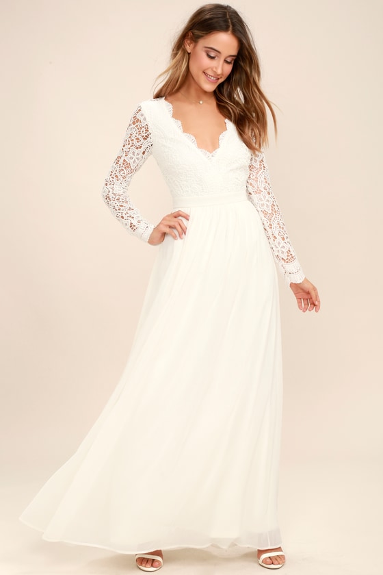 White Dress - Maxi Dress - Lace Dress - Long Sleeve Dress