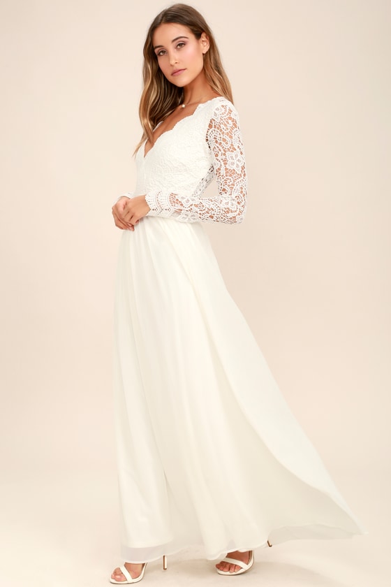White Dress - Maxi Dress - Lace Dress - Long Sleeve Dress