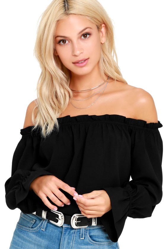 Chic Black Top Black Off The Shoulder Top Three Quarter Sleeve Top