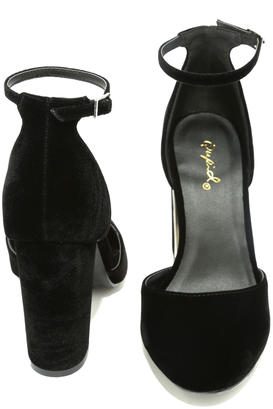 black velvet almond toe ankle strap heels