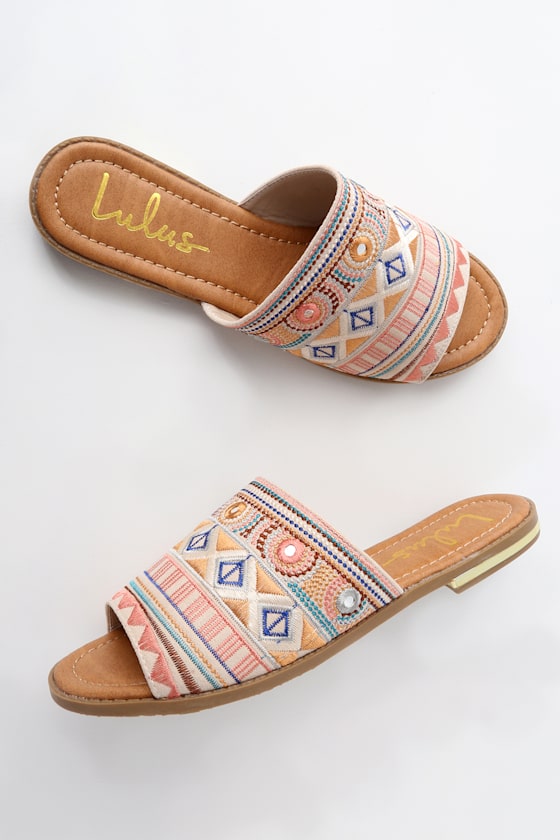 Boho Sandals Beige Vegan Suede Slides Embroidered Slides Slide