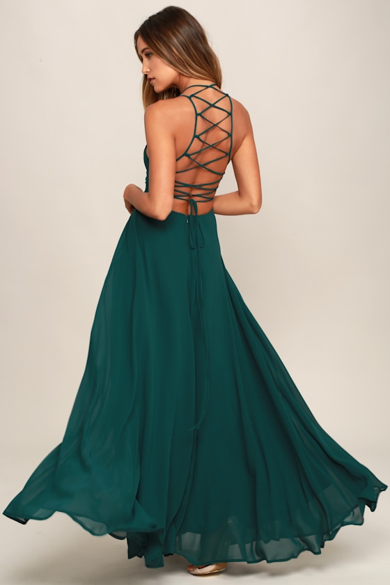Forest Green Maxi Dress LaceUp Dress Backless Dress