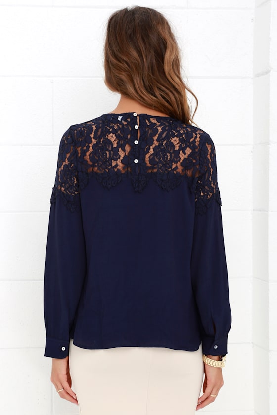 Lace Top Navy Blue Shirt Long Sleeve Top Navy Blouse