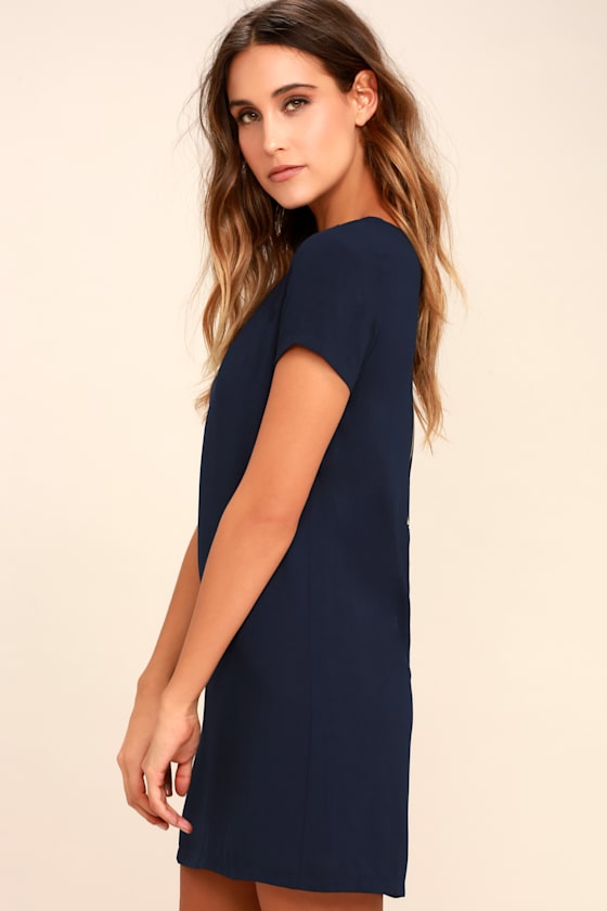 Chic Navy Blue Dress Shift Dress Short Sleeve Dress