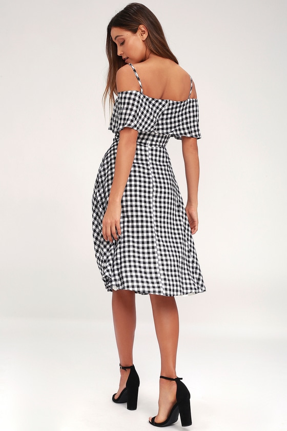 Pretty Gingham Midi Dress - Black and White Gingham Dress