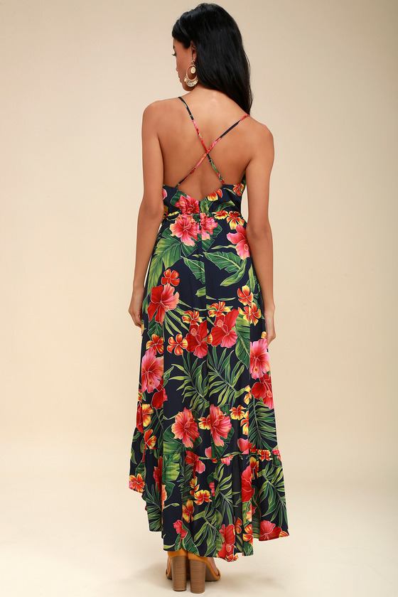 Fun Navy Blue Tropical Print Dress HighLow Midi Dress