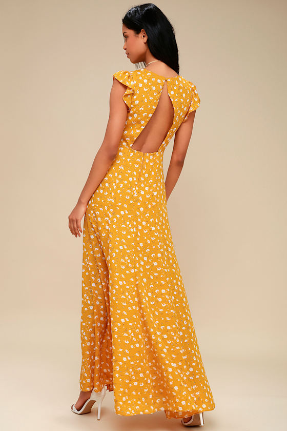 Lovely Mustard Yellow Floral Print Dress - Floral Maxi Dress