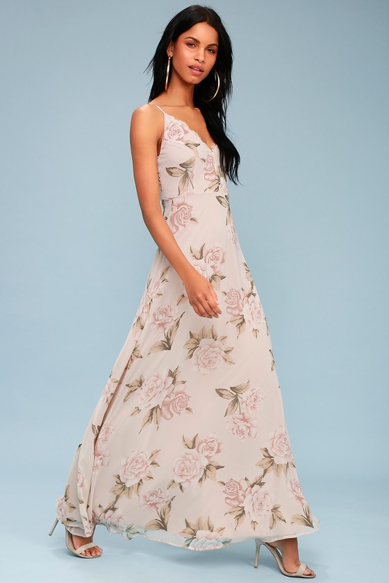 Lovely Taupe Floral Print Dress - Floral Maxi Dress