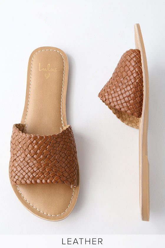 brown woven slides