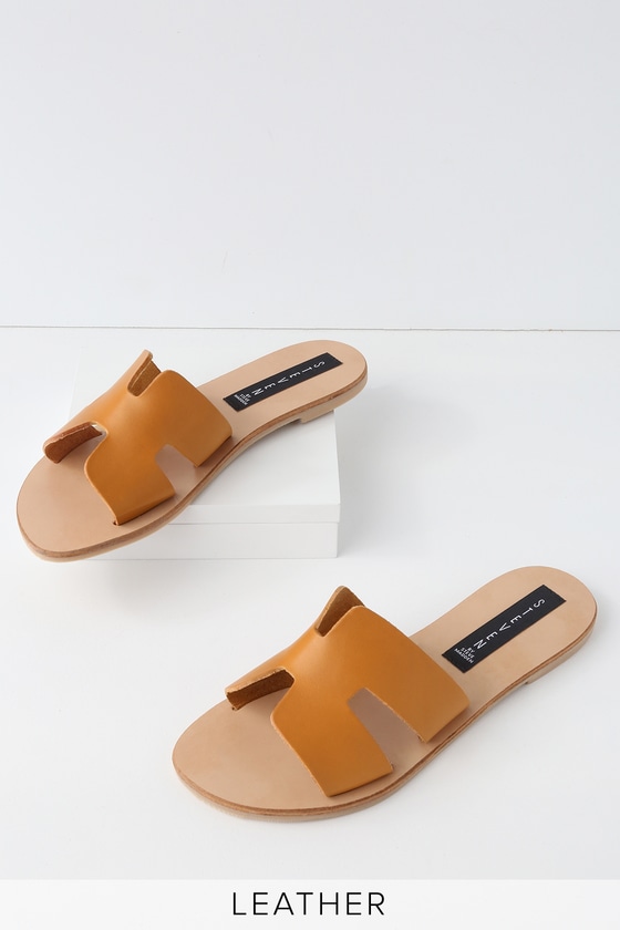 greece cognac leather slide sandals