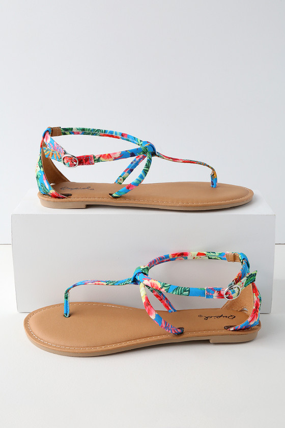 Cute Blue Multi Tropical Print Sandals - Ankle Strap Sandals