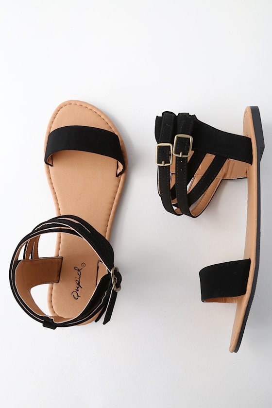 Black Sandals Vegan Suede Sandals Ankle Strap Sandals